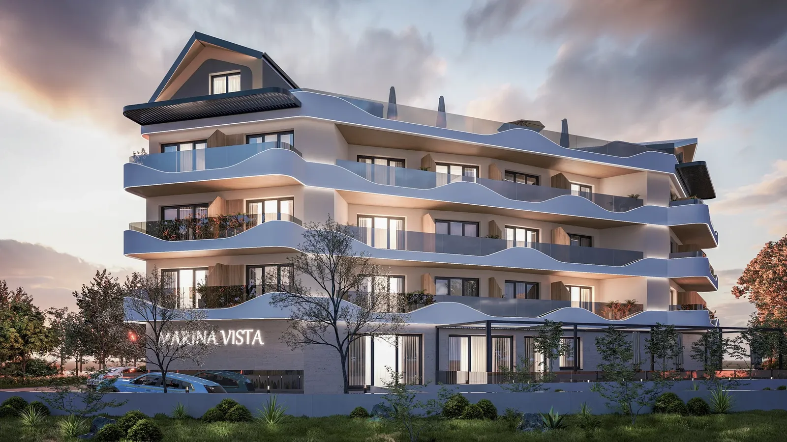 Wave-shaped balconies at sunset