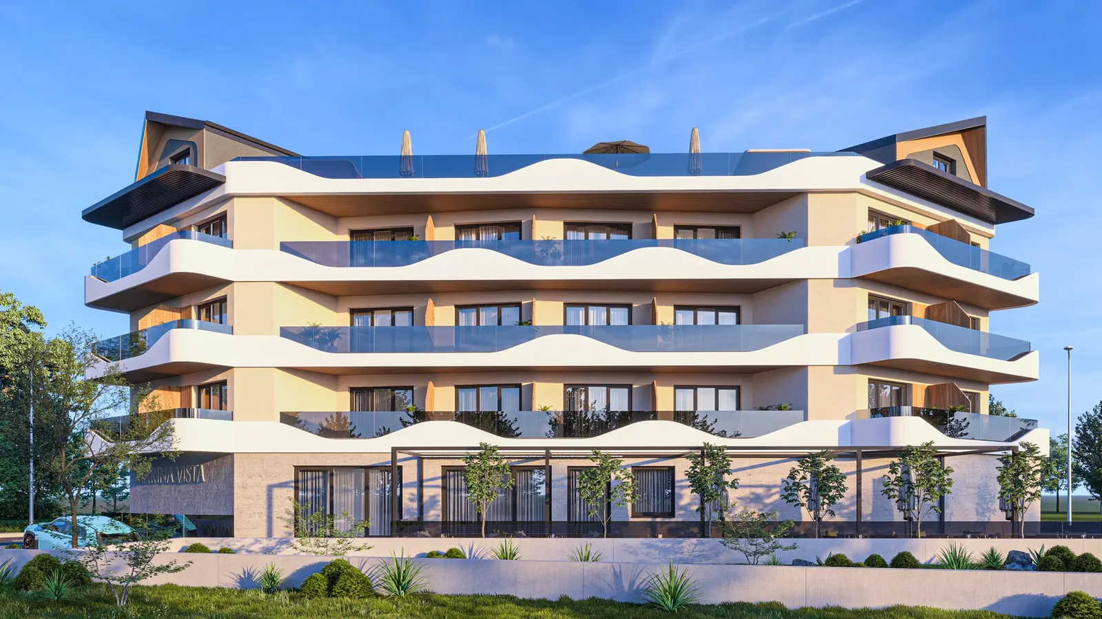 Long facade with terraces