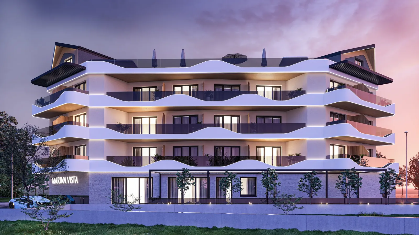 Long facade at dusk