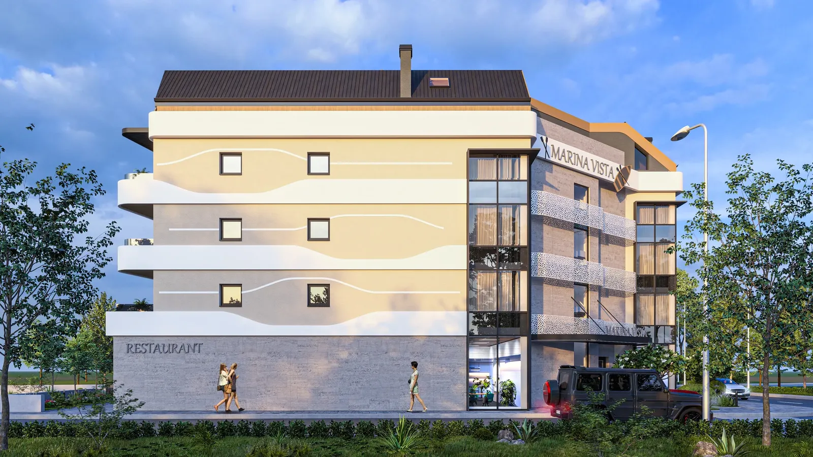 Facade with a ground-floor restaurant