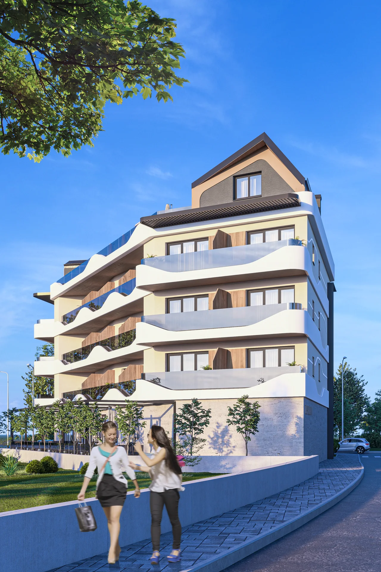 The corner with curved balconies