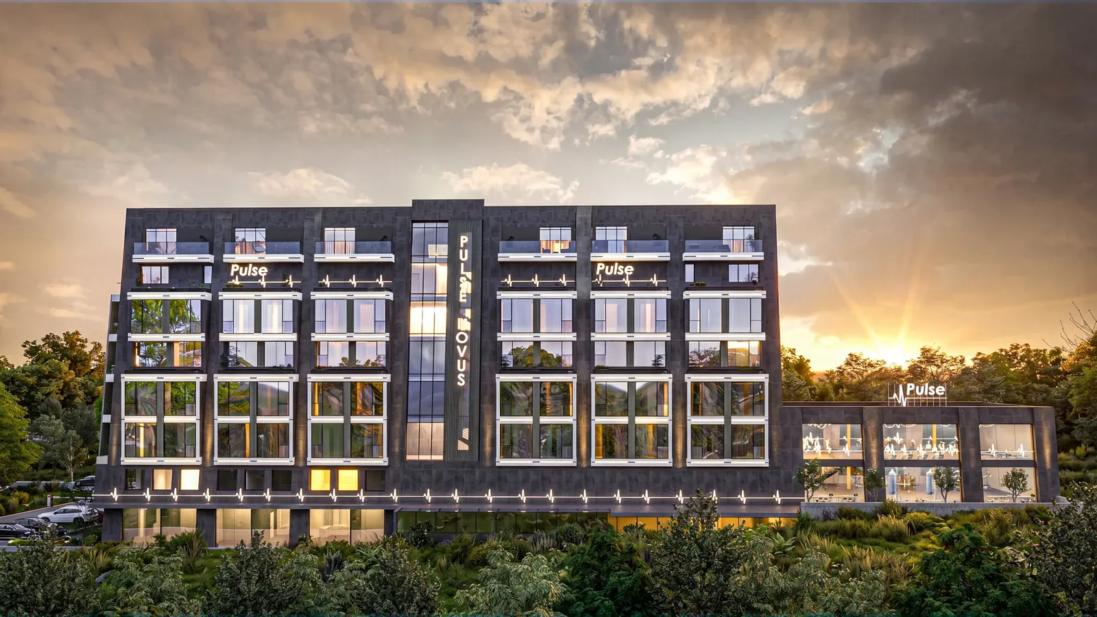 The long facade at sunset