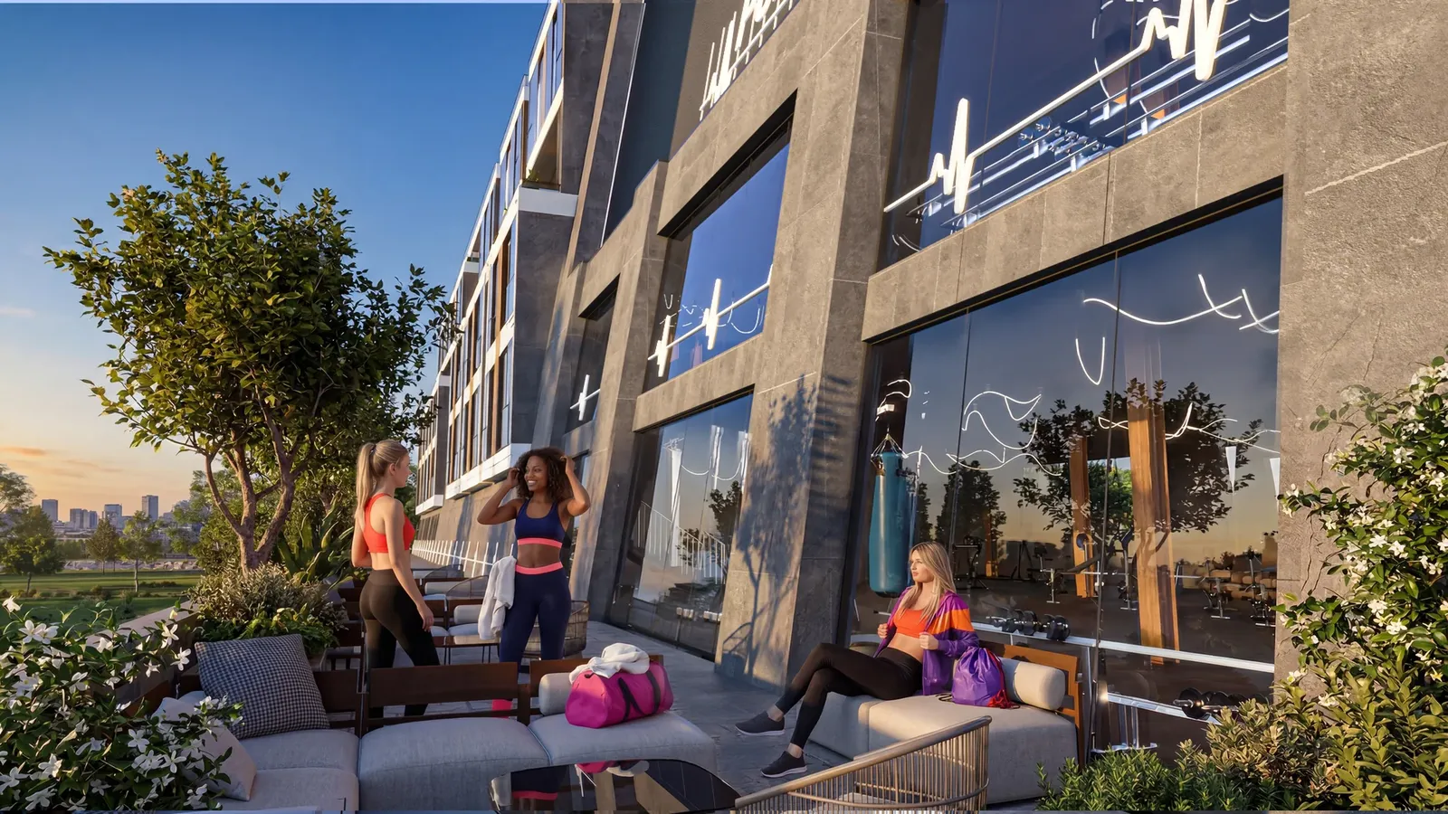Outdoor lounge area by the fitness centre