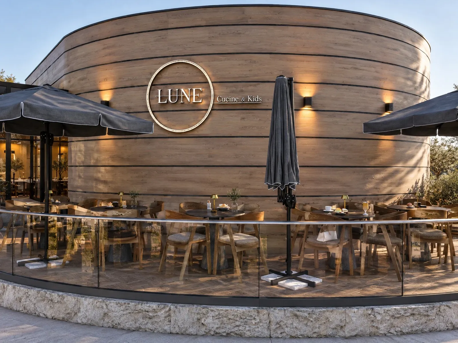 Café restaurant in Malinova Dolina, Sofia – curved facade and summer garden