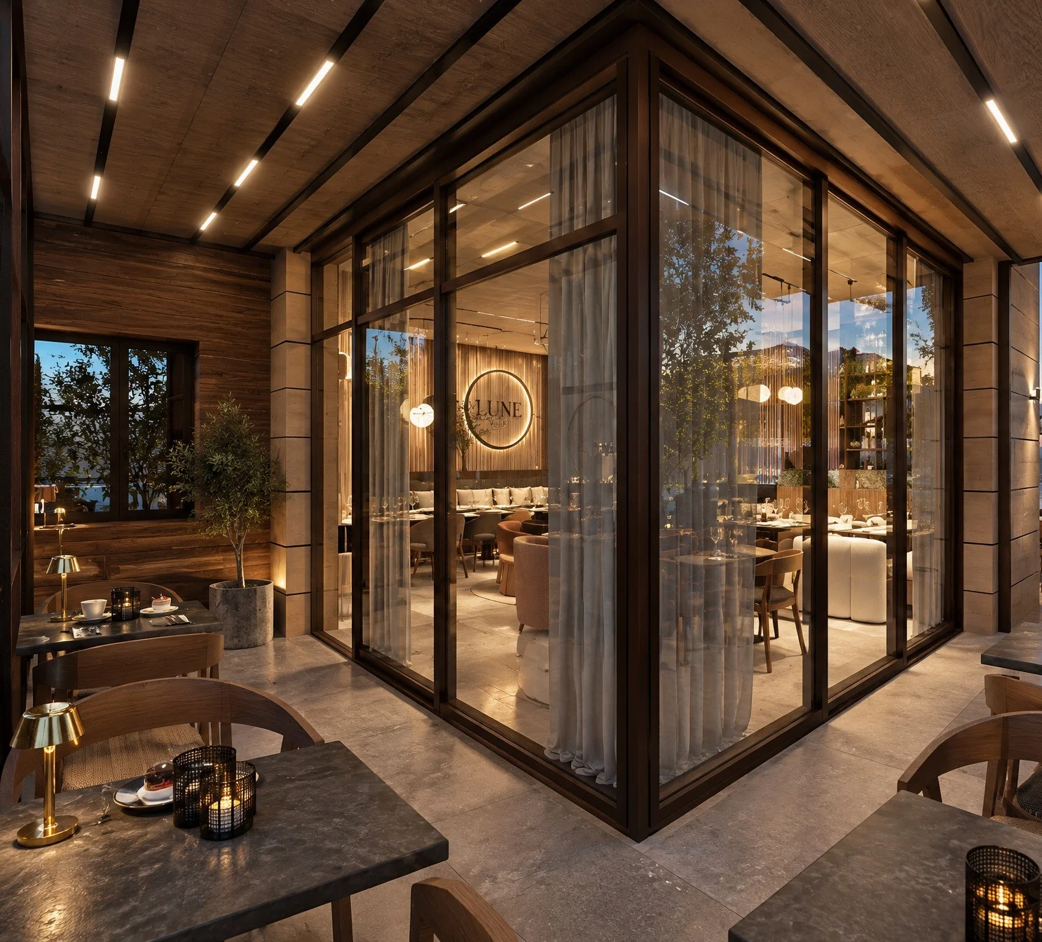 Interior with glass shopfronts and warm lighting