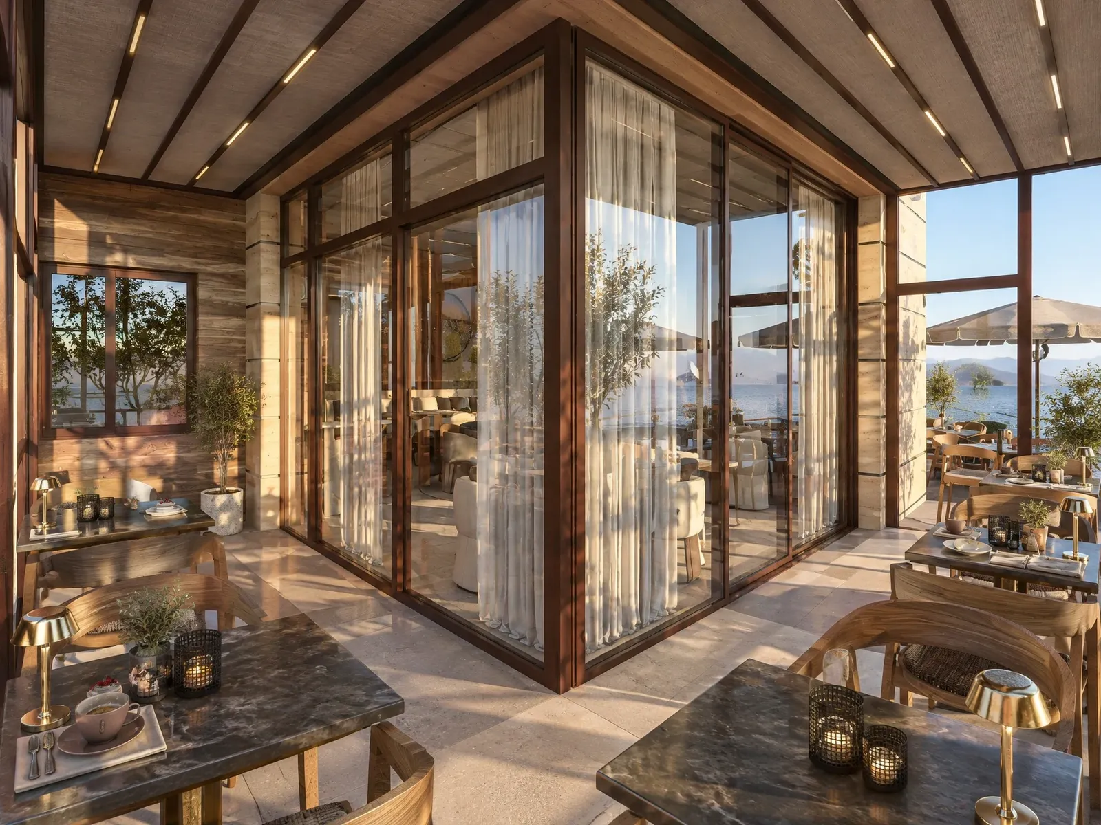 Glazed winter garden with tables