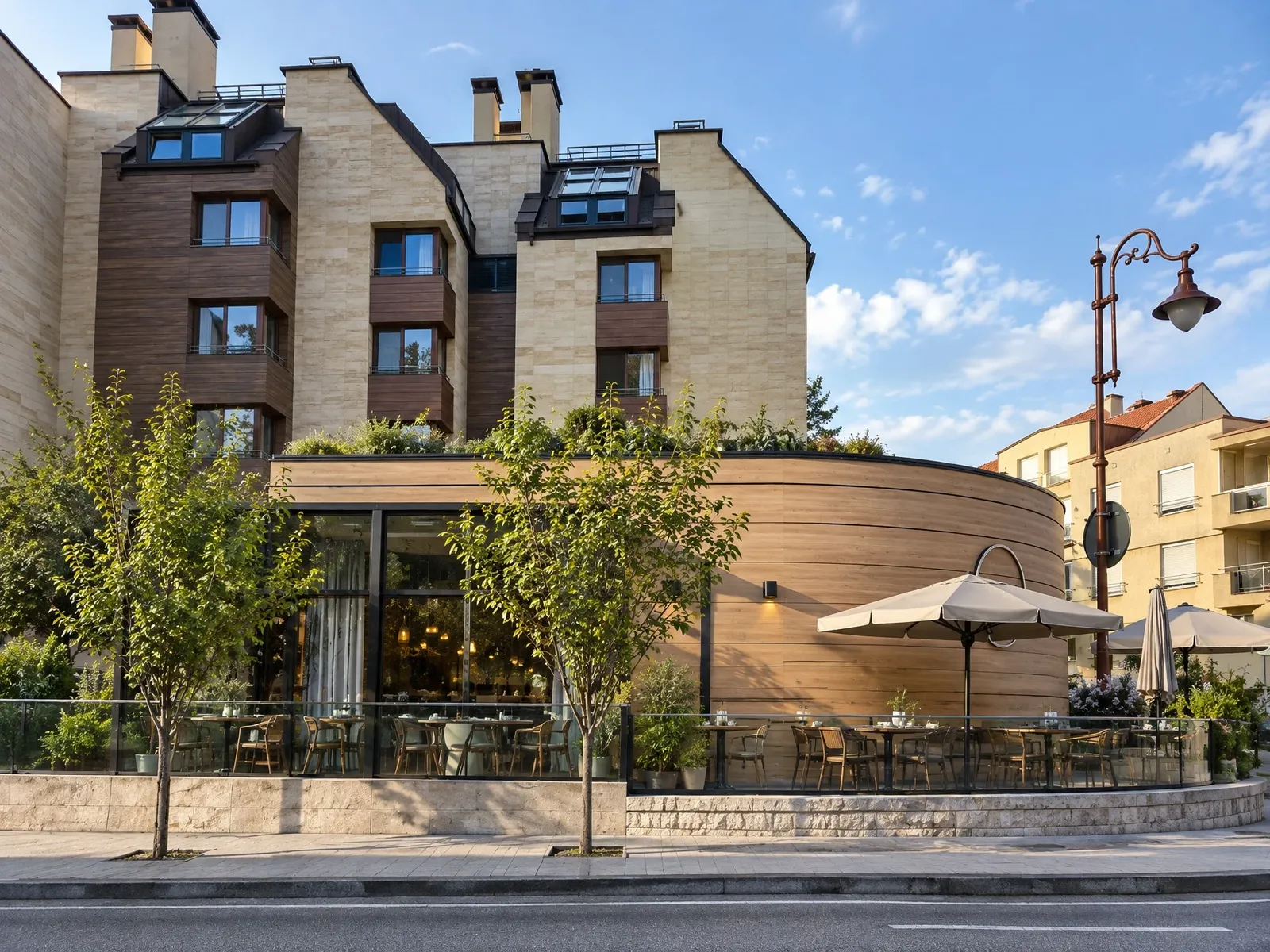 The café on the street below the residential building