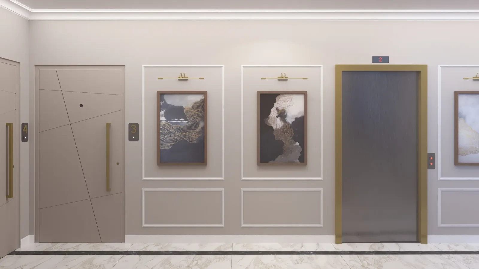 Lobby with decorative mouldings and artwork