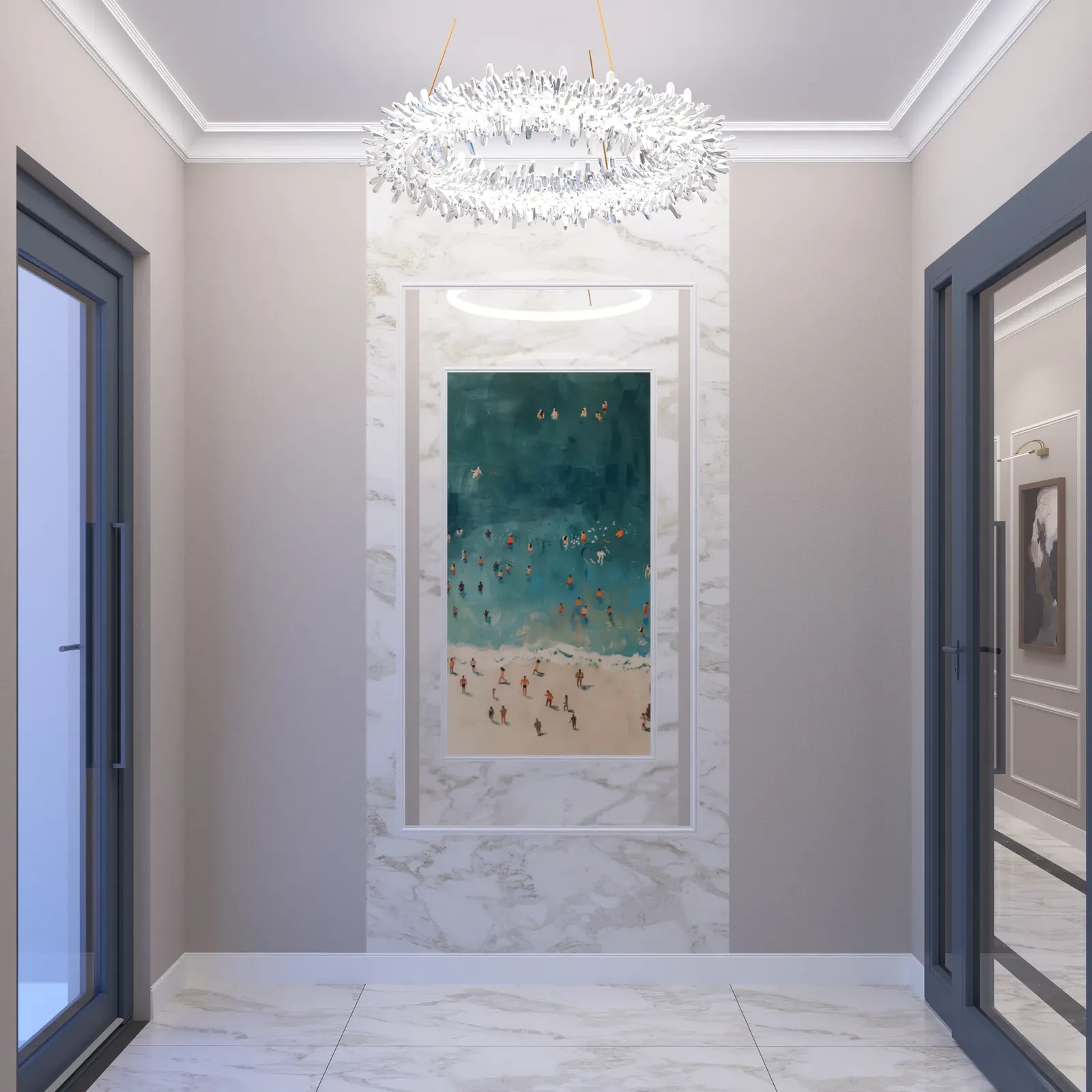 Entrance lobby with a crystal chandelier and a sea painting