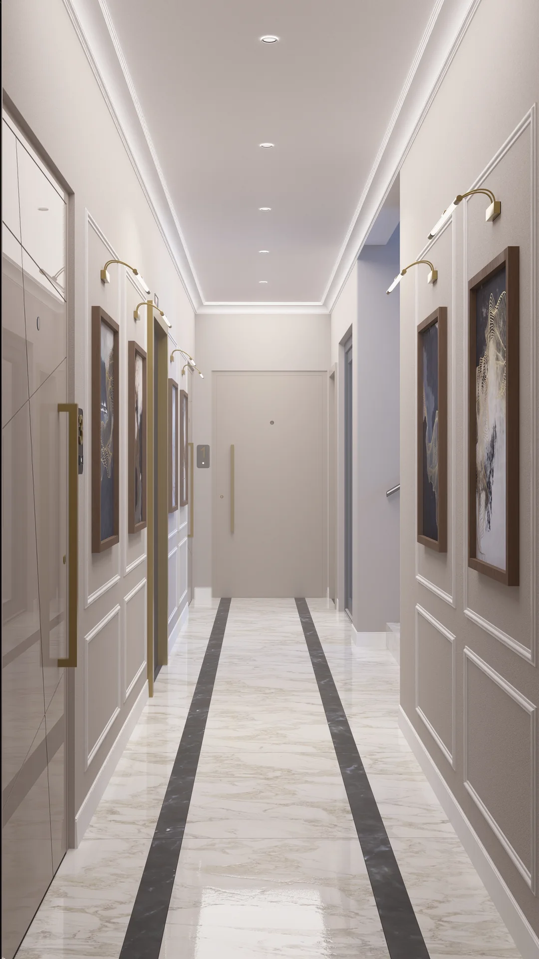 Corridor with wall lights and artwork