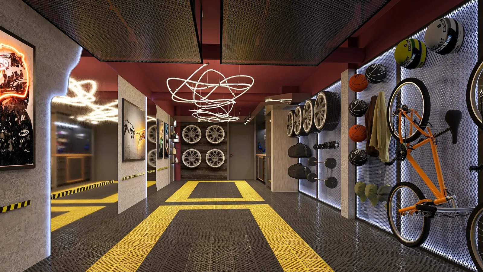 Private garage in Sofia – corridor with an illuminated wall for wheels, bikes and sports gear