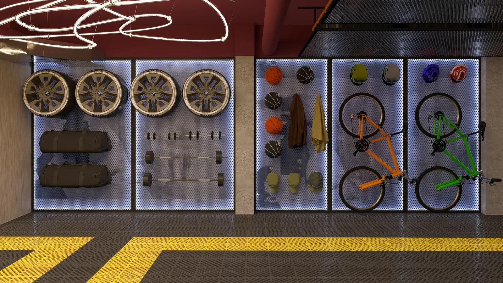 Perforated back-lit panels storing tyres, bikes, helmets and bags