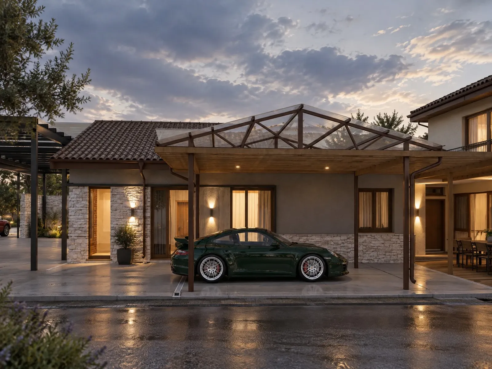 The carport and facade in the evening
