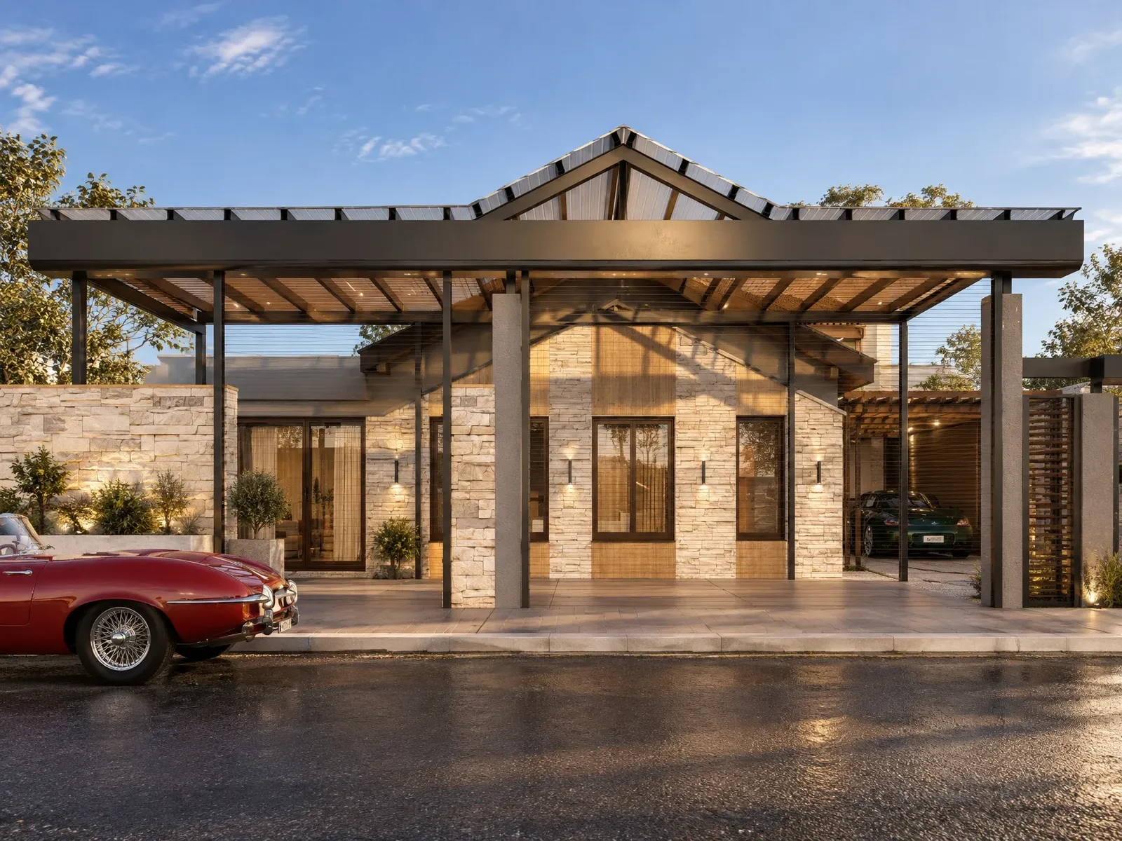 Metal pergola with a clear roof in front of the entrance