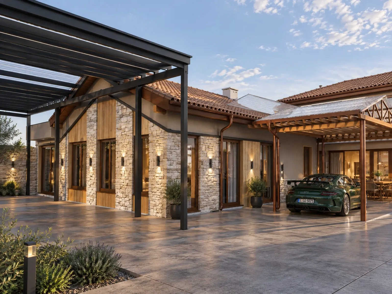 Courtyard with metal and timber pergolas by day