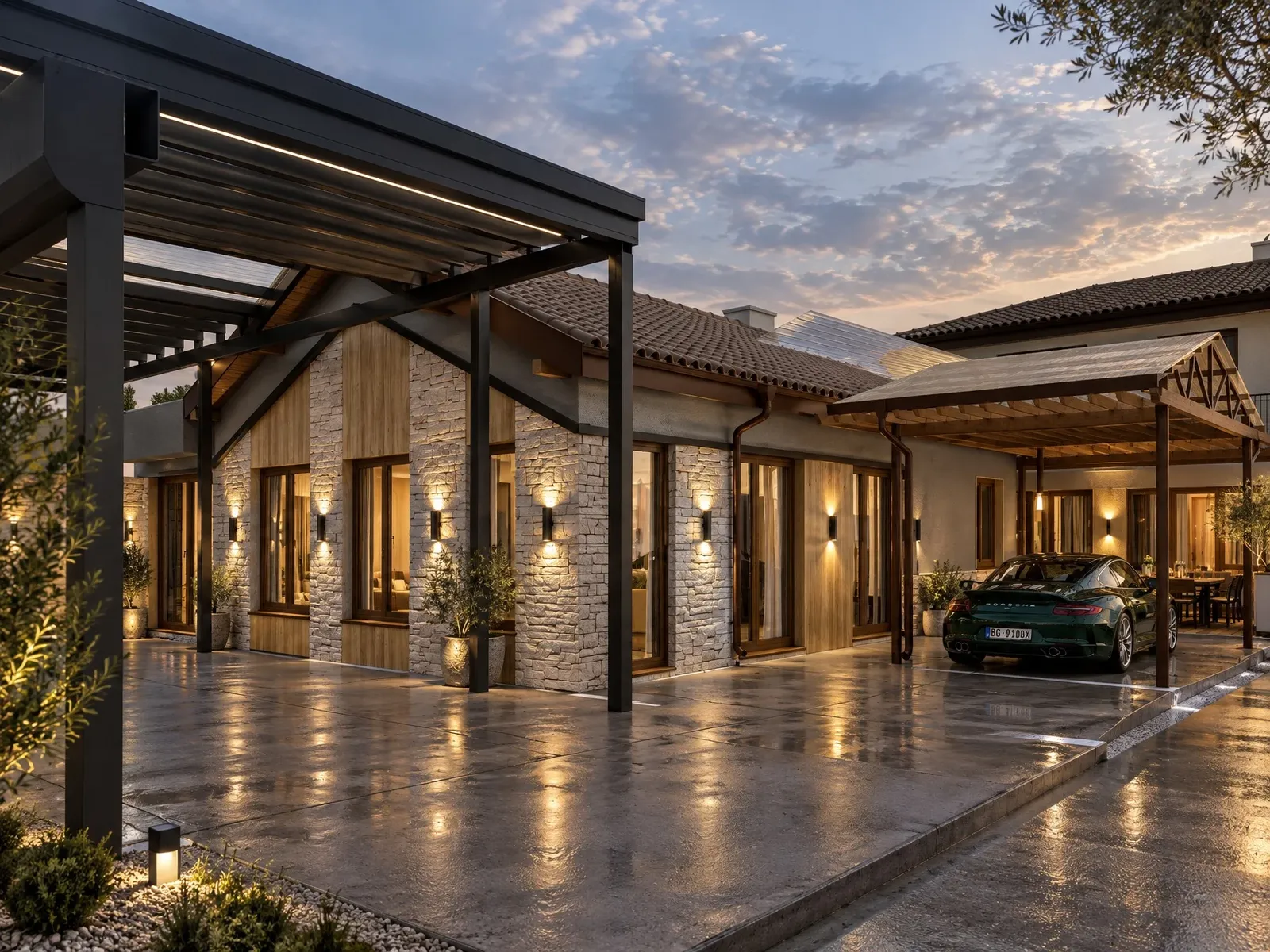 The courtyard in the evening with lit facades