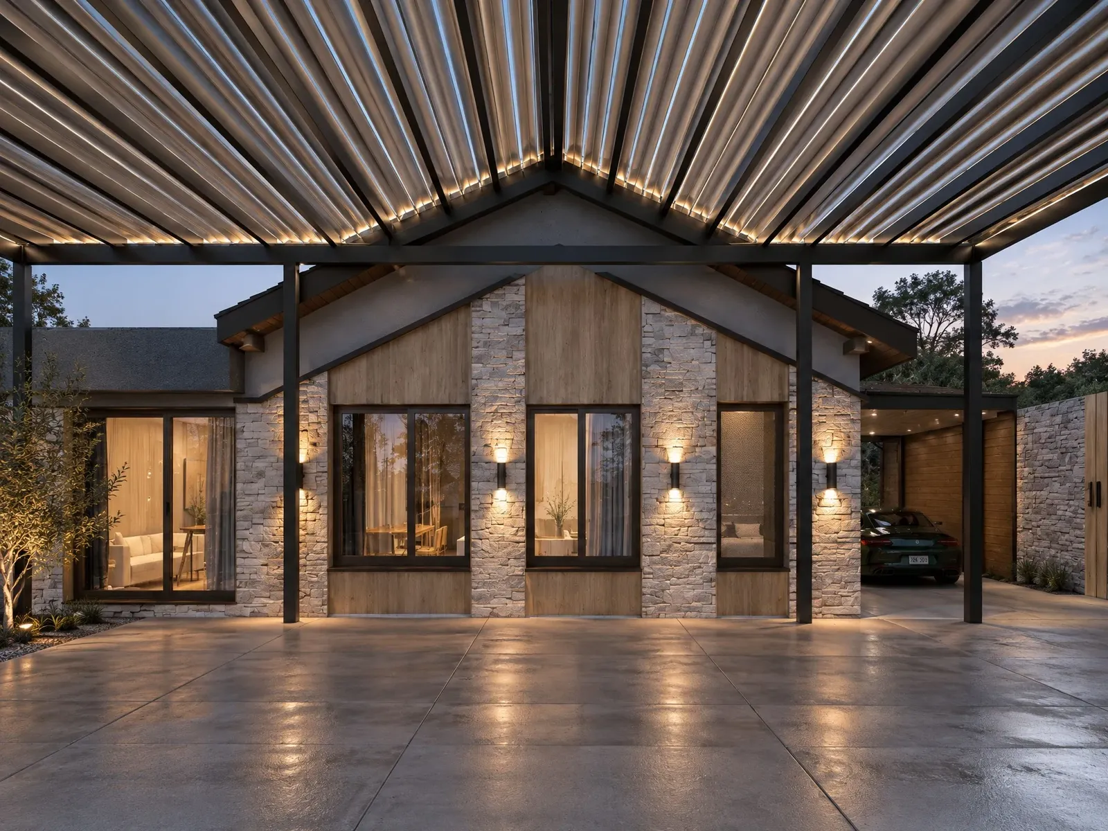 Facade with stone cladding and timber panels under the pergola