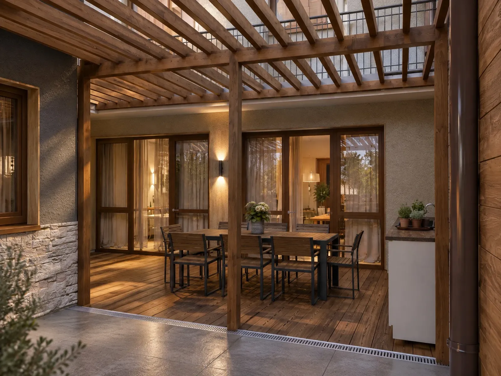 Outdoor dining under a timber pergola