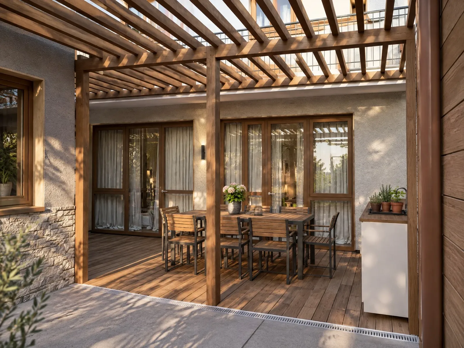 The timber pergola with decking and a dining table