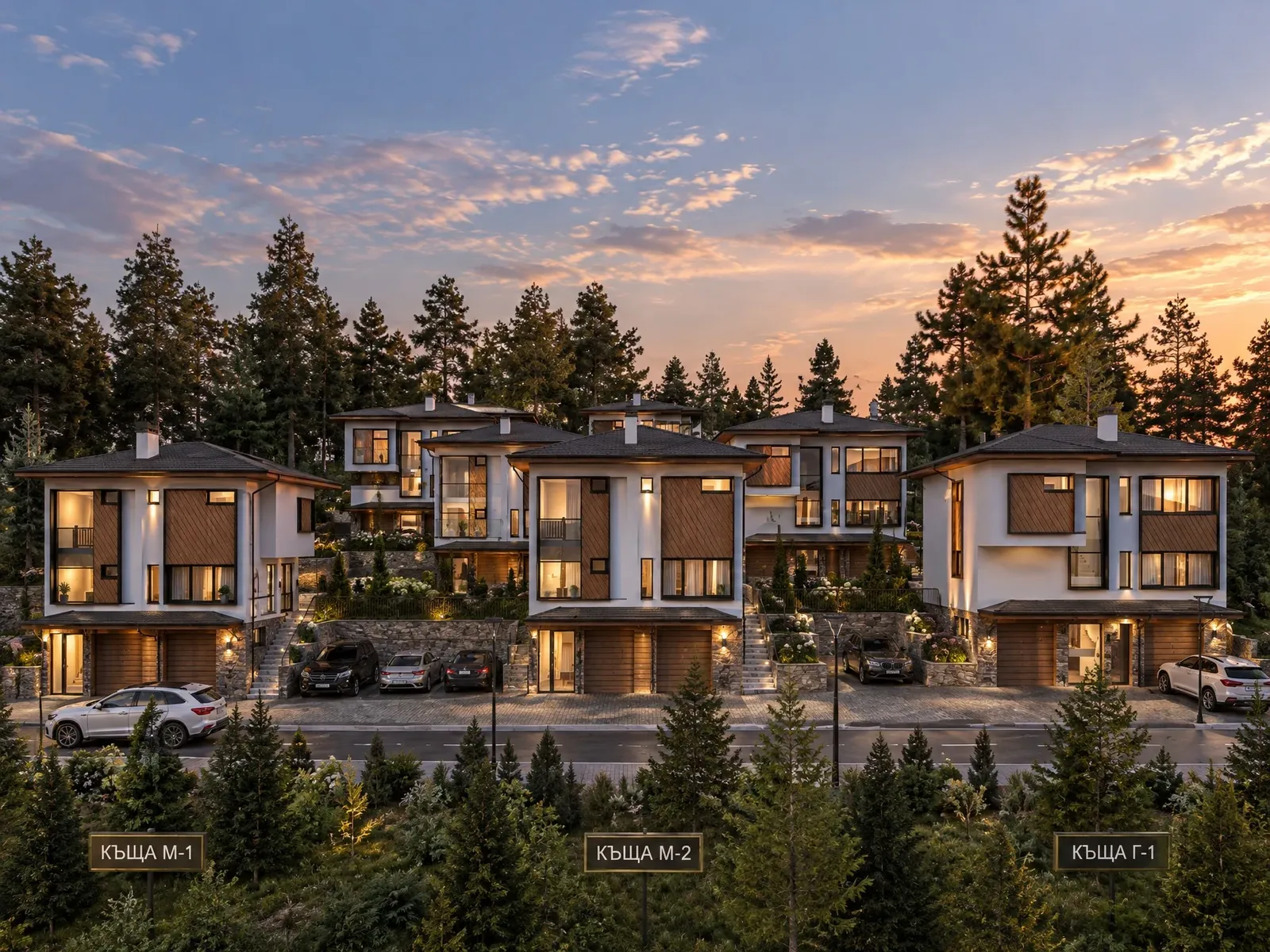 House complex in Stefanovo – overall view at sunset