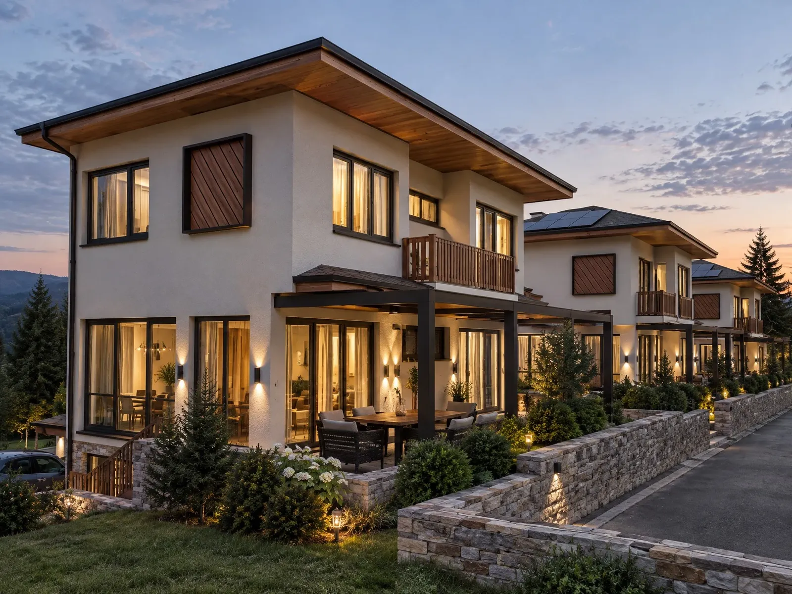 House with a terrace and stone retaining walls at sunset