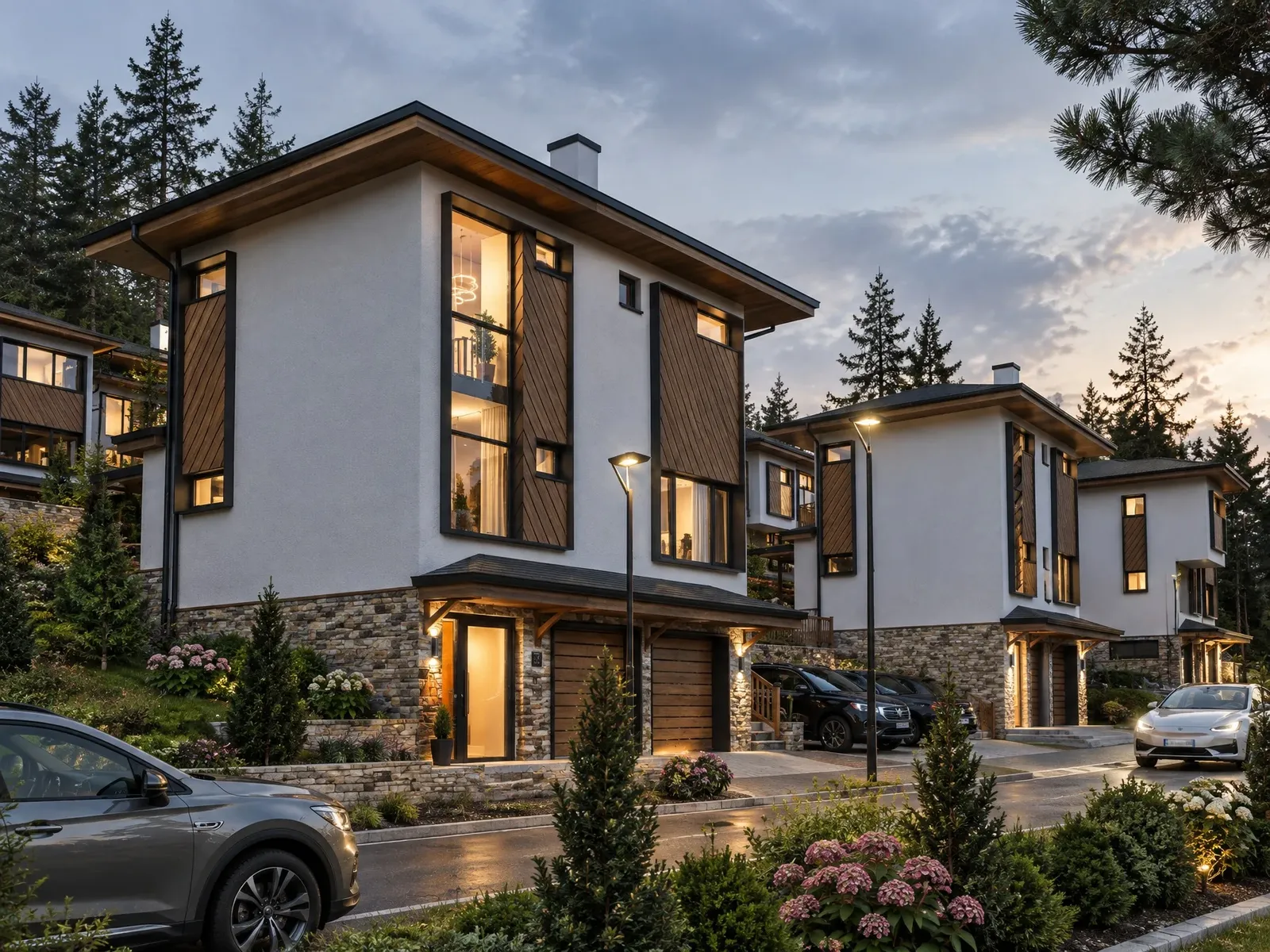 House with timber panels and a stone plinth in the evening