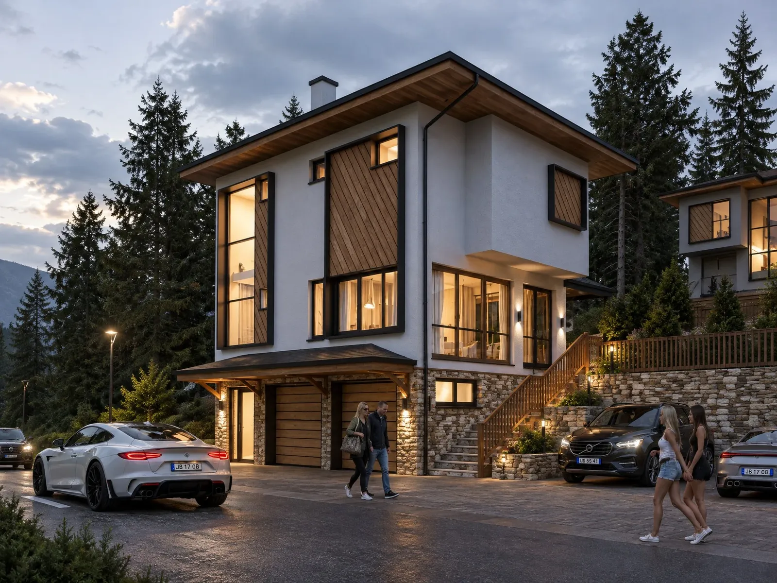 House with a garage and outdoor stairs in the evening