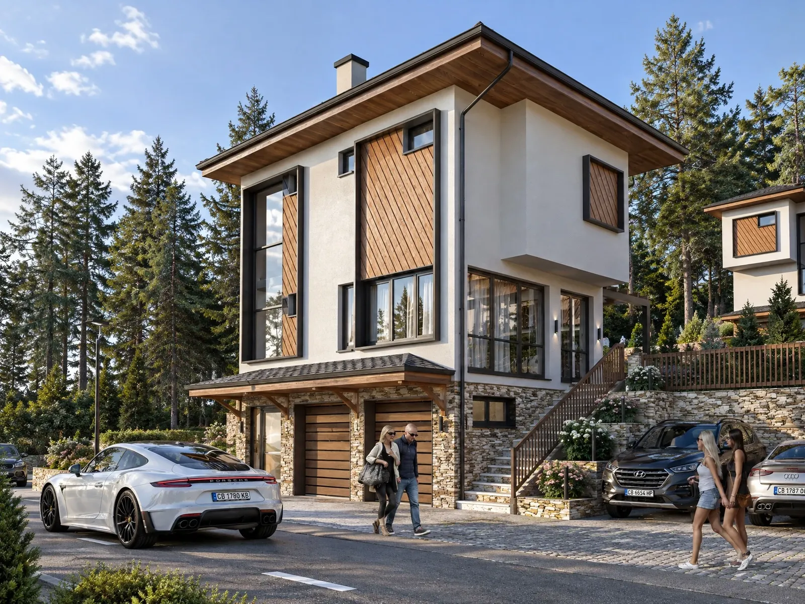 House with a garage and outdoor stairs by day
