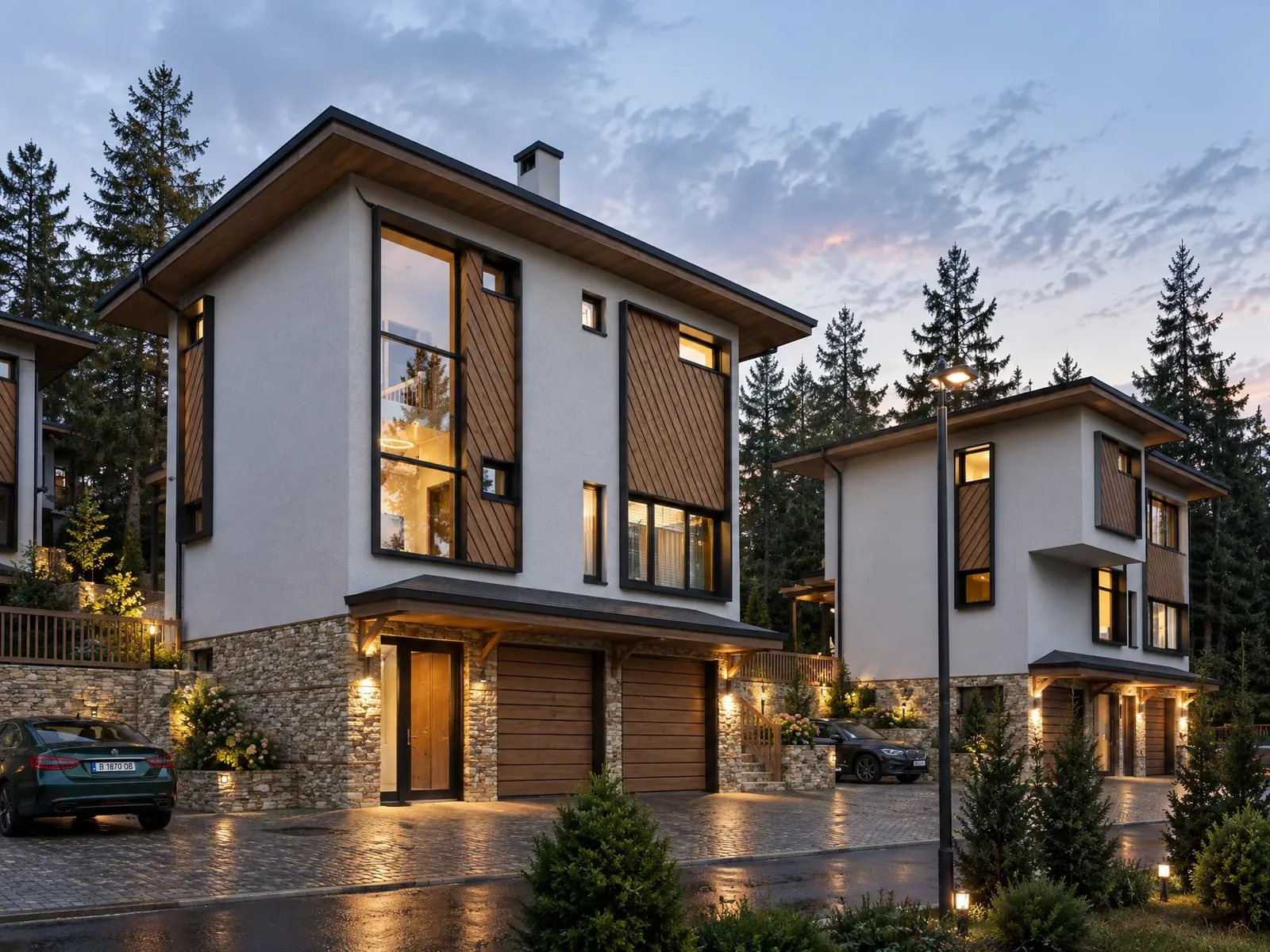 Two houses at sunset