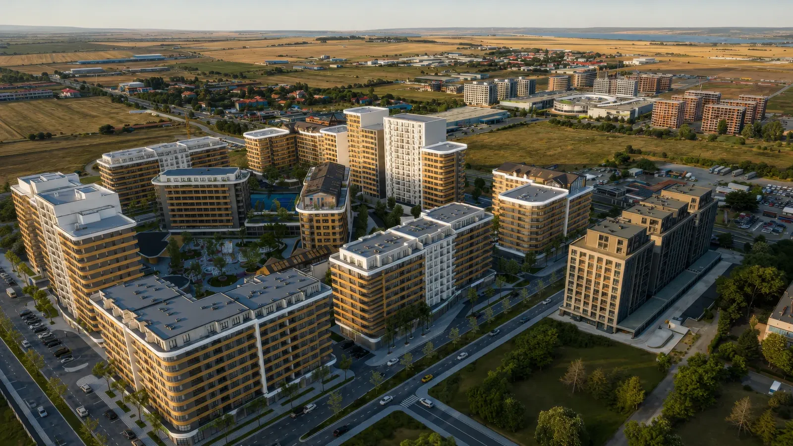 Aerial view of the neighbourhood with residential buildings and green courtyards