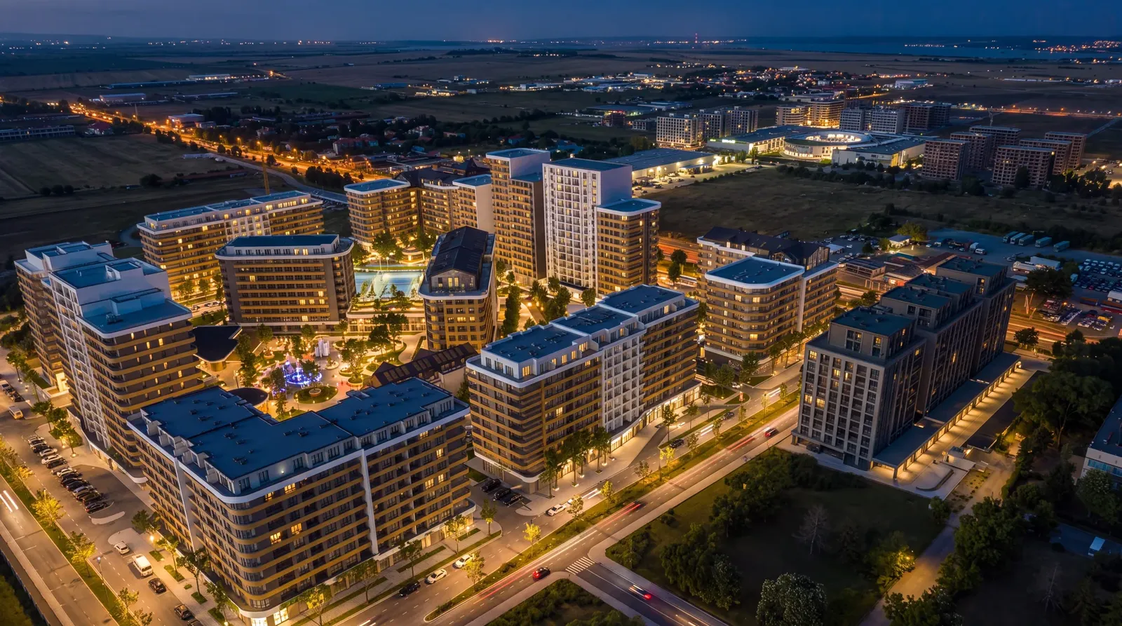 Aerial night view of the neighbourhood