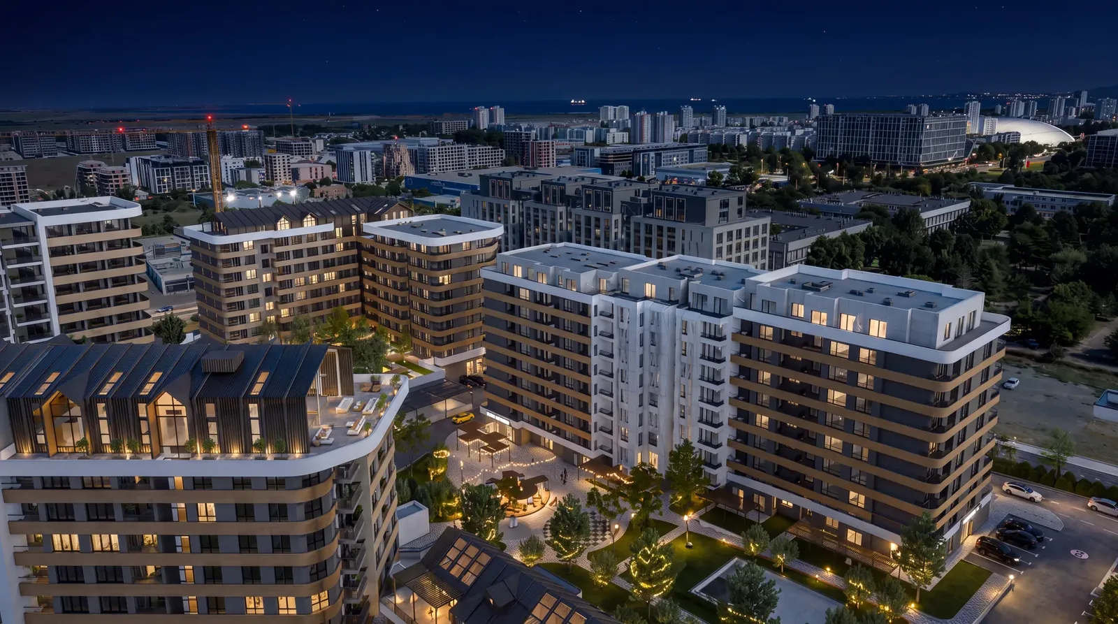 The residential buildings with evening lighting