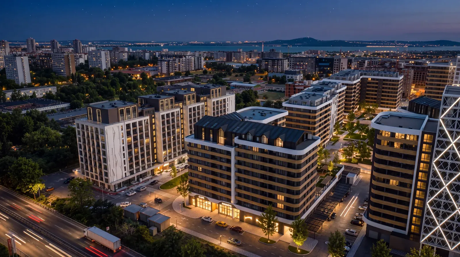 Buildings along the boulevard at night