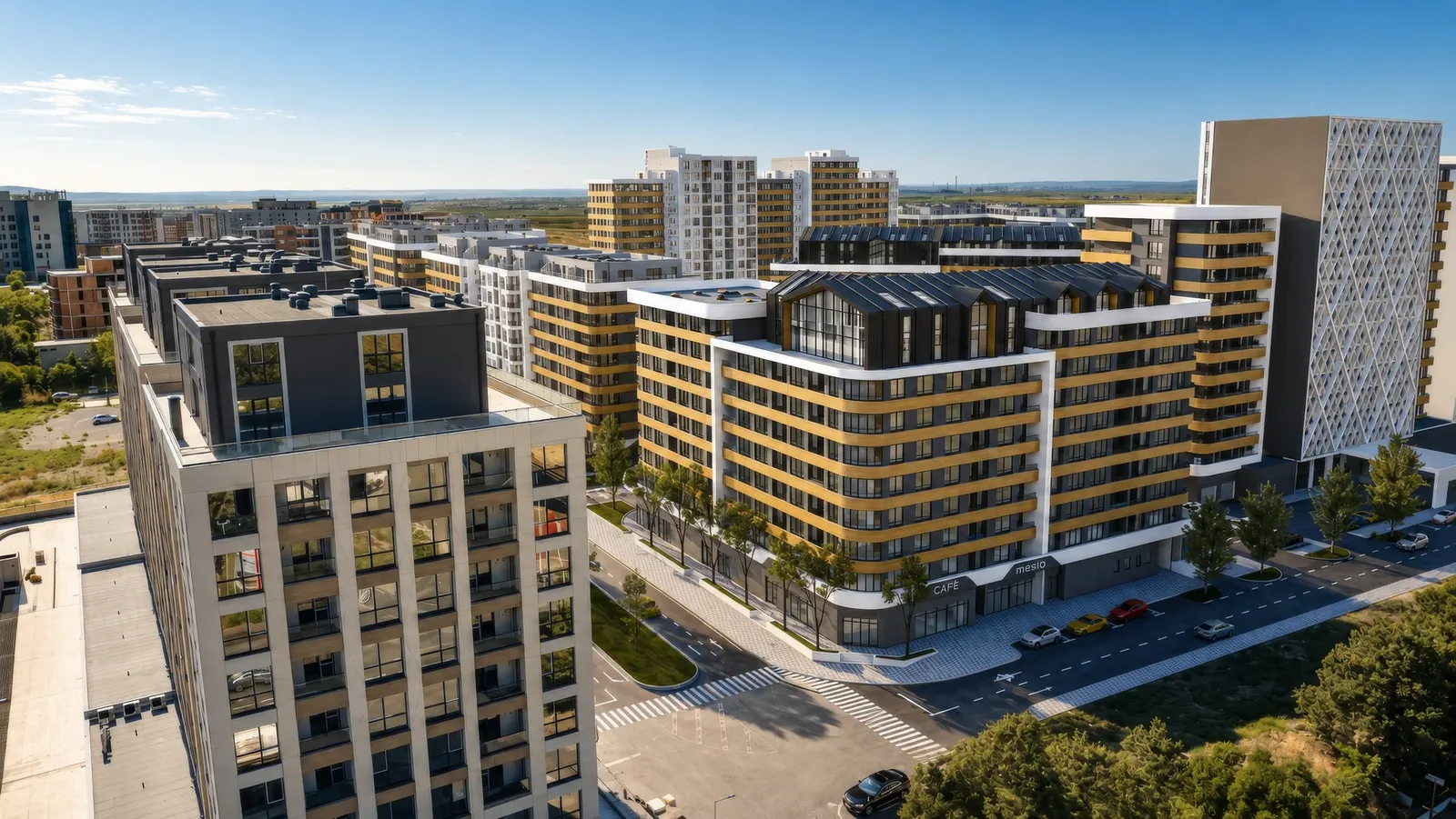 Residential buildings with shops at street level