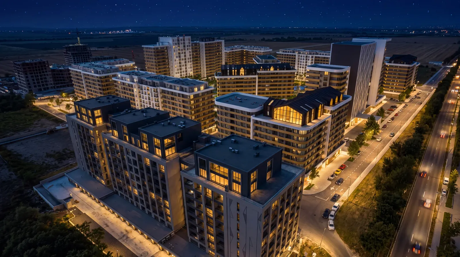 Buildings from the different phases at night
