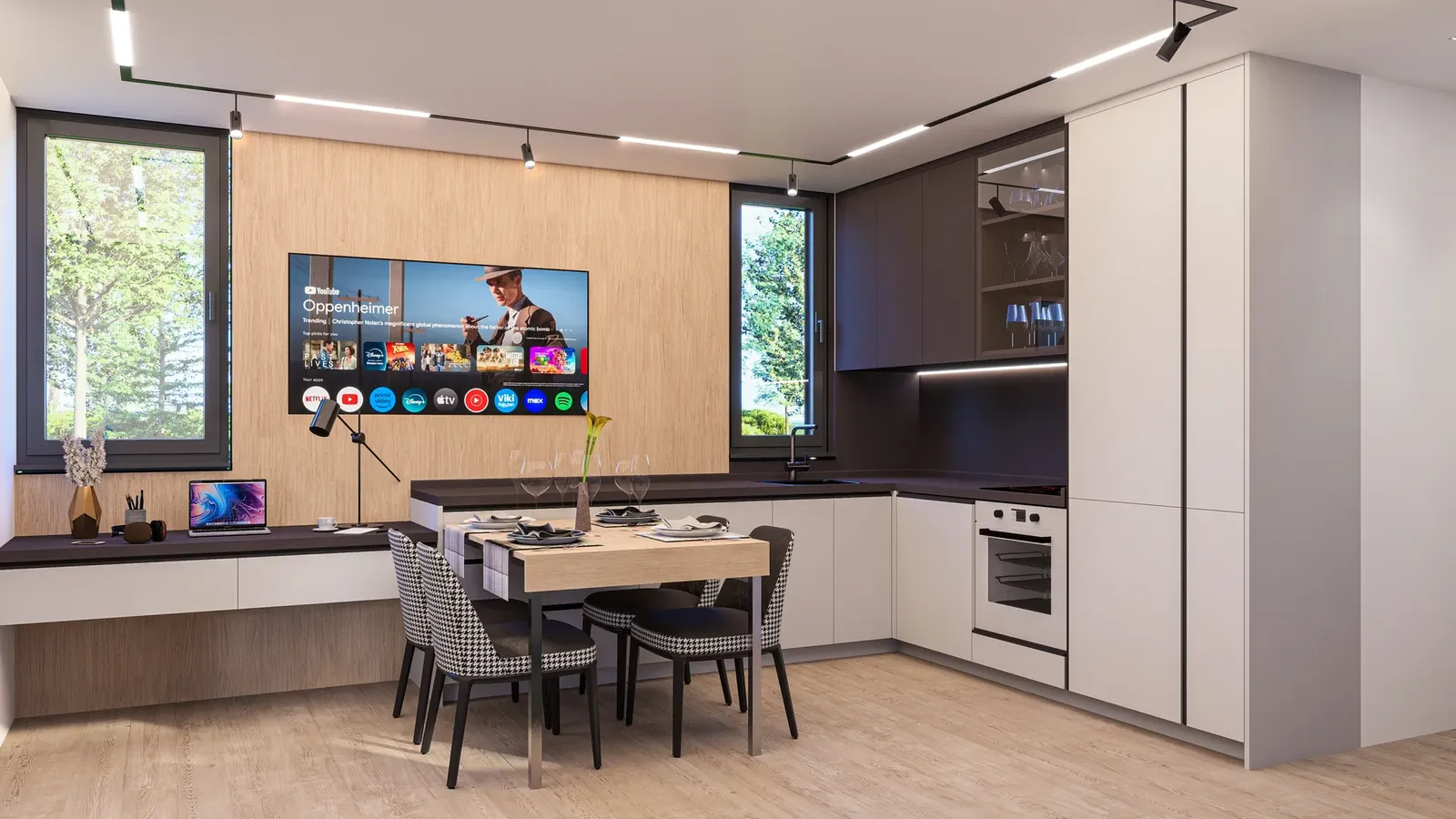 Interior of a 48 m² modular house – living room with kitchen