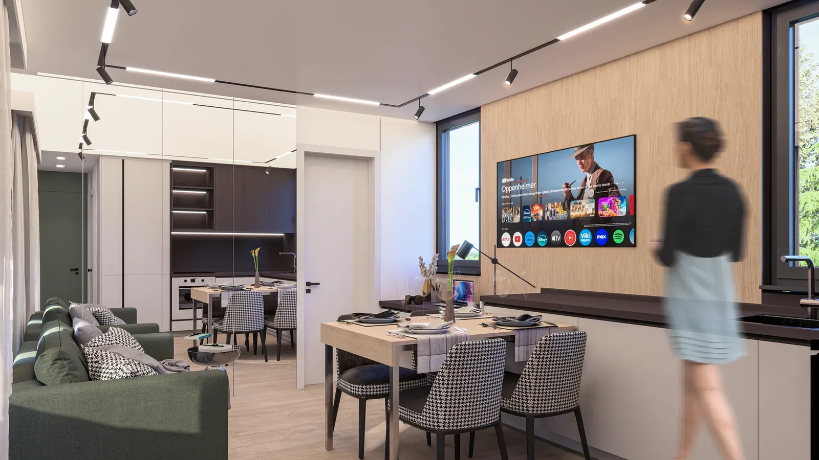 Living, dining and kitchen in one space