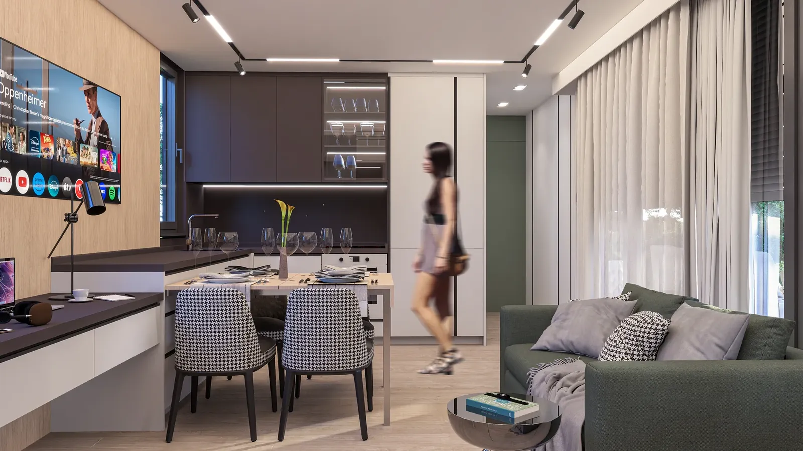Seating area and dining table