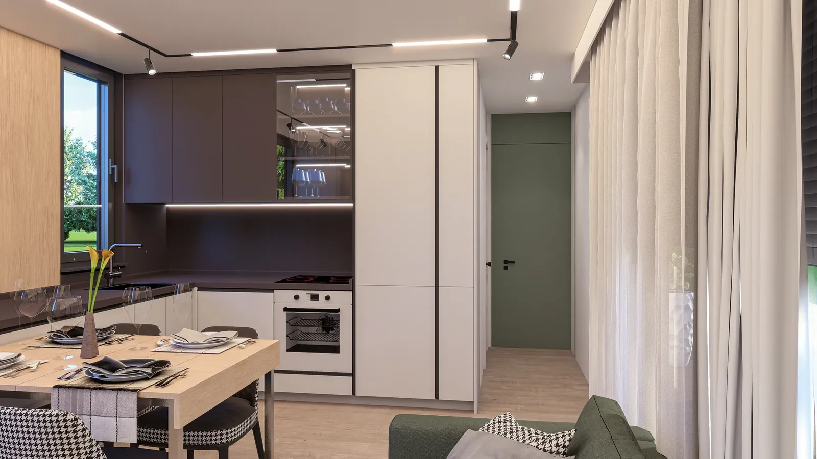 The kitchen and dining area