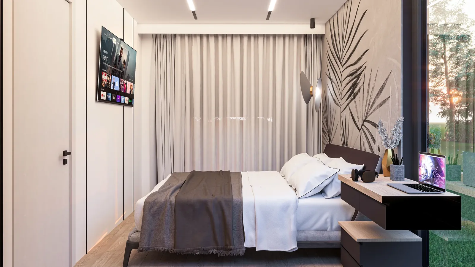 The bedroom with curtains and wardrobe