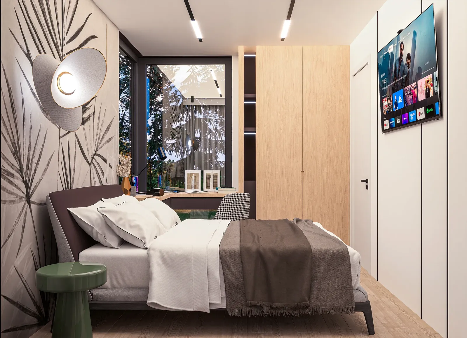 Bedroom with leaf wallpaper