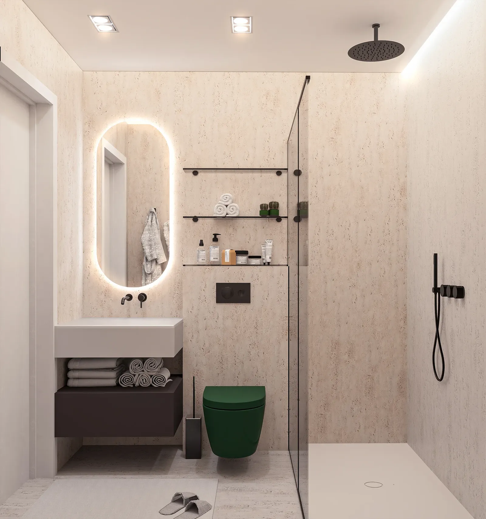 Bathroom with a shower and lit mirror