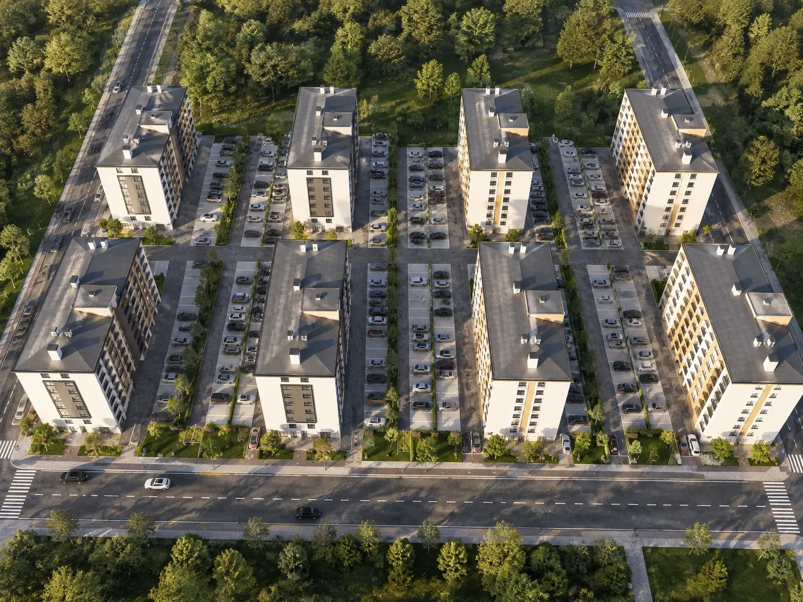 Aerial view of the buildings and the street
