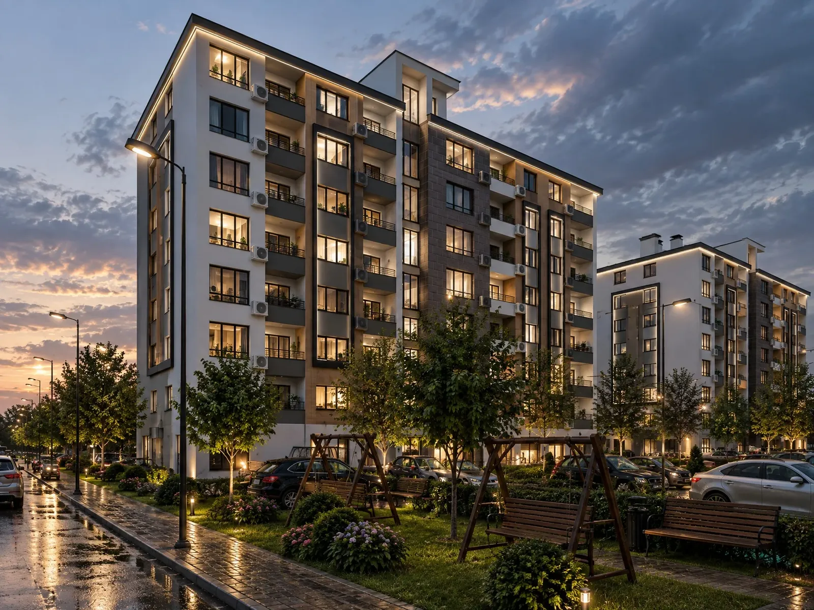 Playground between the buildings in the evening