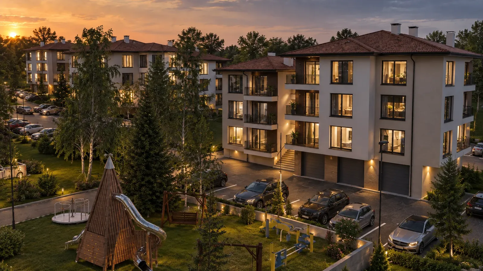 Rimski Most residential complex in Stara Zagora – playground at sunset