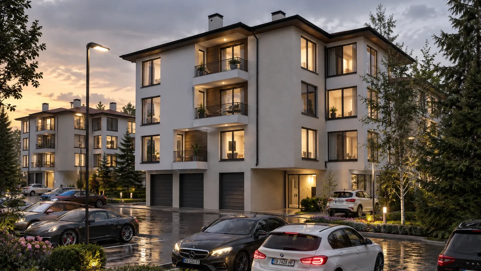 Apartment building with garages in the evening