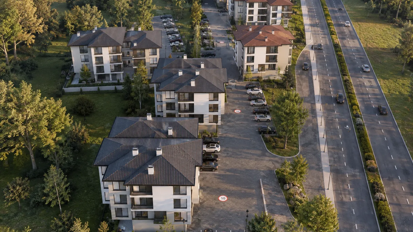 The complex from above along the boulevard
