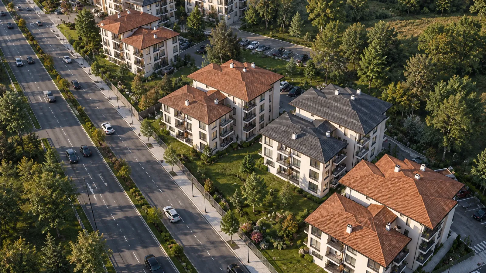 Aerial view of the buildings with tiled roofs