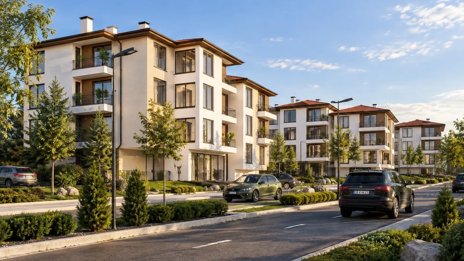 The buildings on the street by day
