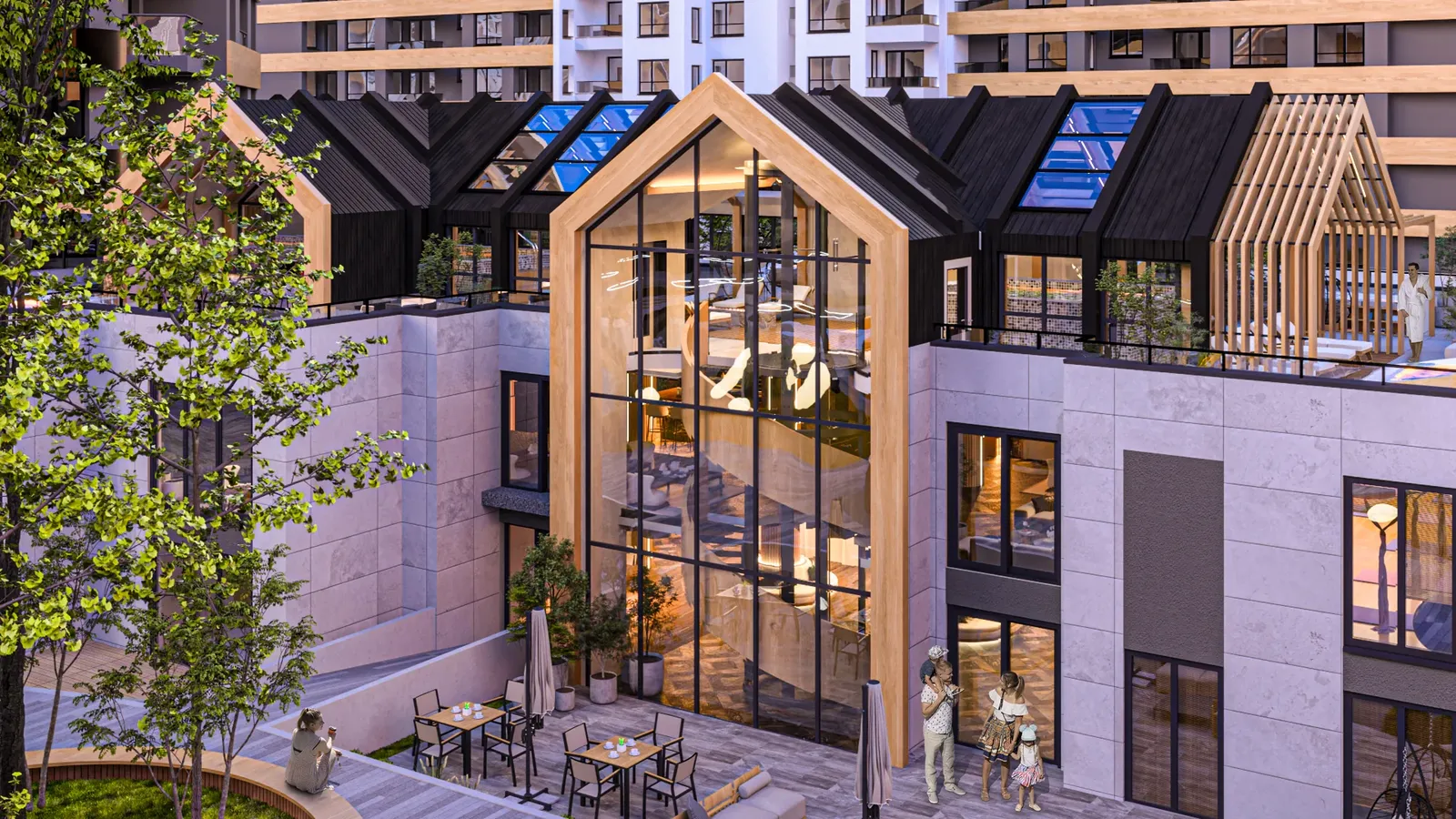 Spa building in Azimut, Burgas – glazed gable and courtyard in the evening